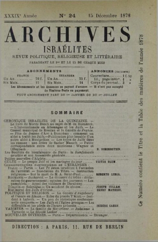 Archives israélites de France. Vol.39 N°24 (15 déc. 1878)
